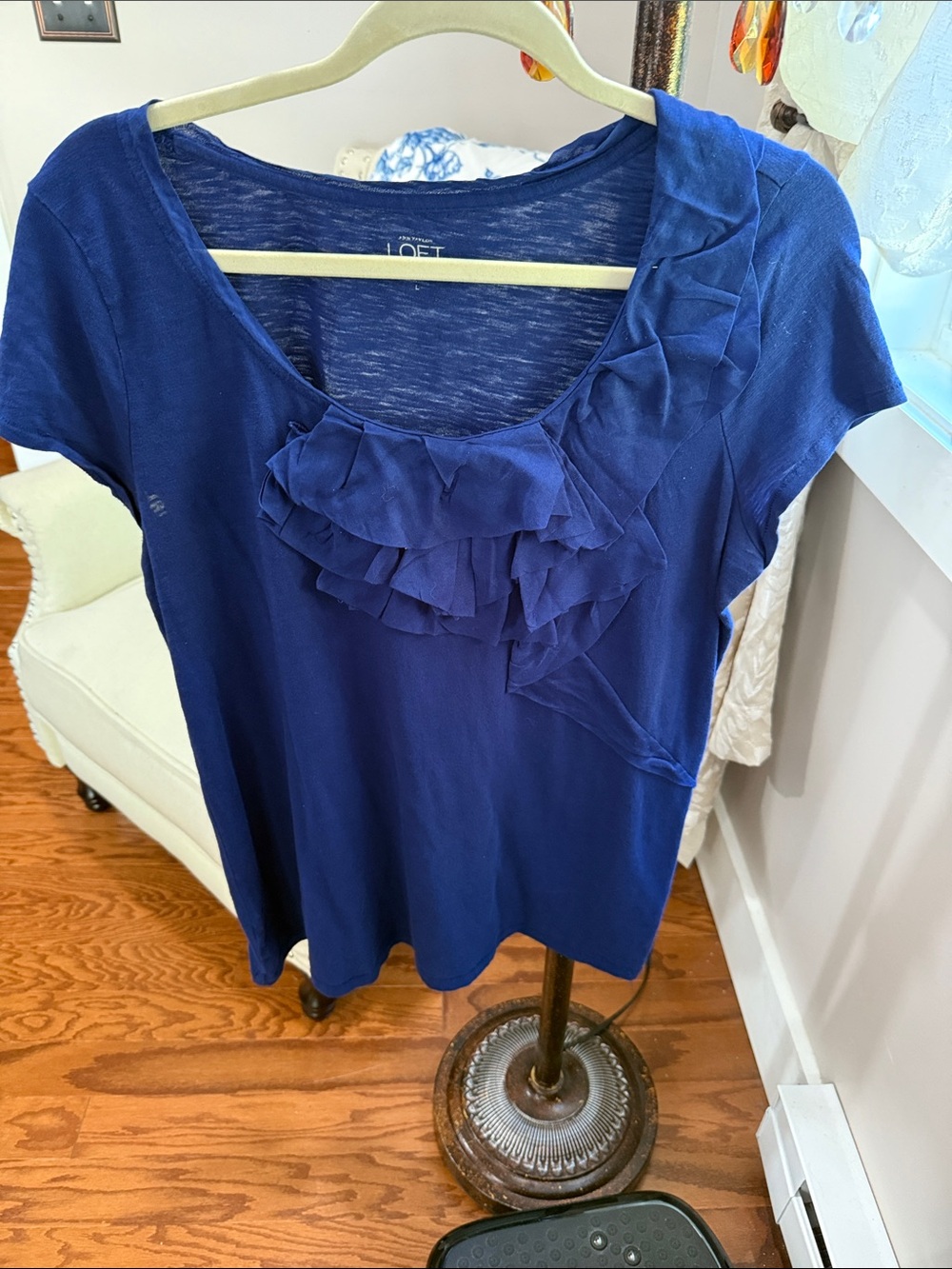 LOFT Navy Layered Ruffle Short Sleeve Cotton Top L